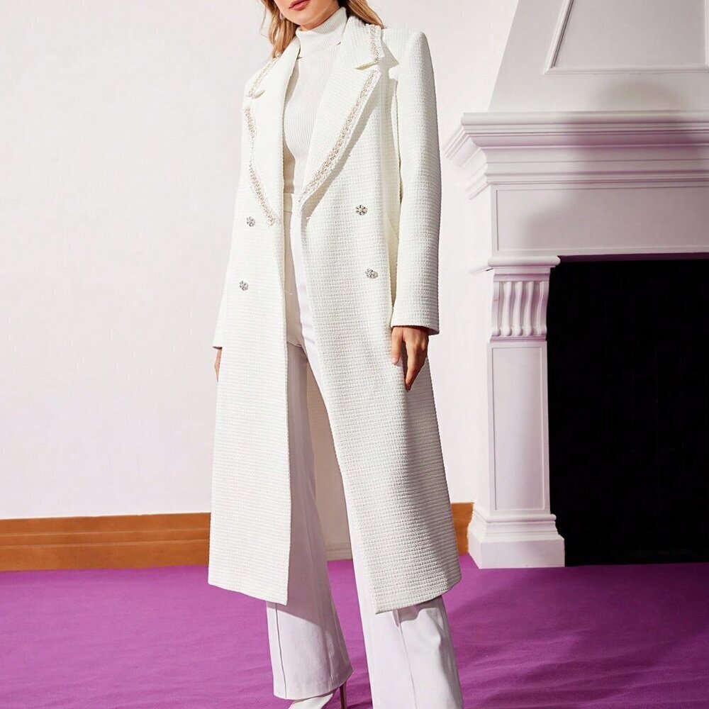 White Elegant Women's Belted Pearl Trim Tweed Coat - Picture 4 of 9